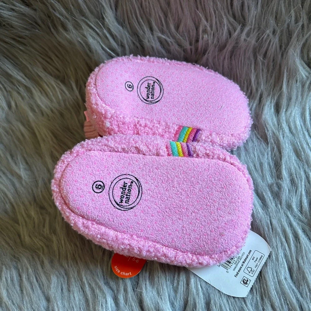 Wonder Nation Slippers Baby Girl Size 6 Pink Fuzzy Rainbow Shoes 18 Months NEW